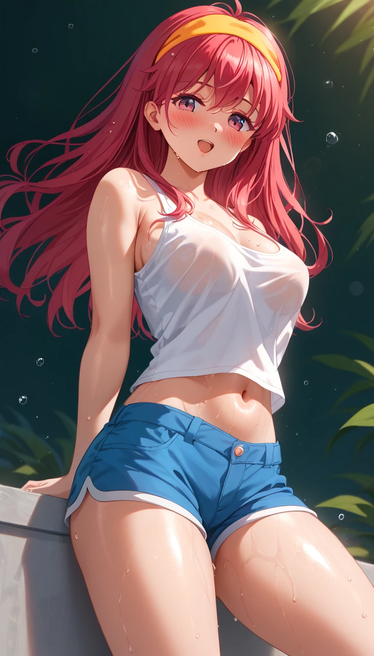 Dynamic angles,(Full body:0.9),
joyful pose,Light Smile,blush,play in the water,one eye closed,:>,Long hair,Glowing eyes,Denim shorts,
water reflection,(floating water drop),(blurry foreground),(blue sky),Lens Flare,  (splashed water),Sunshine(splashed water),Sunshine(((masterpiece))),((ultra- detailed,Best Quality, with high resolution, 8k wallpaper, ))(1 girl)((Pink hair, Long hair,Straight hair,two side up)) (Green eyes),eyeshadow, Eyeliner,Glow Eyes, hyper detailed eyes, intricate eyes, Beautiful eyes, ((Glowing pink pupils))18-year-old girl.