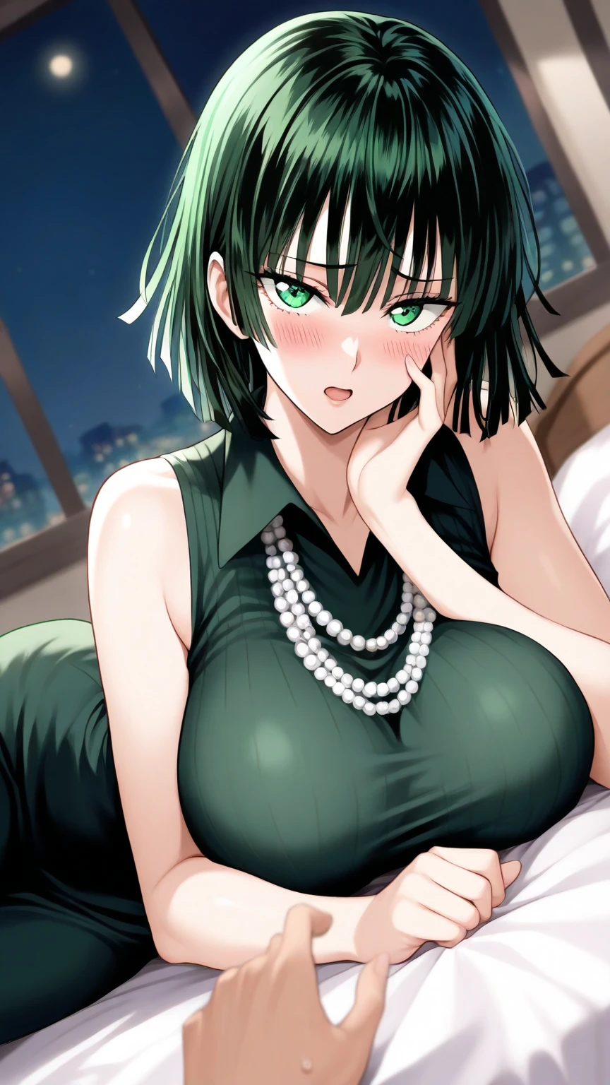 BREAK (masterpiece:1.2), best quality, high resolution, unity 8k wallpaper, (illustration:0.8), (beautiful detailed eyes:1.6), extremely detailed face, perfect lighting, extremely detailed CG, (perfect hands, perfect anatomy),city,street,wet road,reflections, buildings,night,fubuki, black hair, (green eyes:1.5), short hair,black dress, dress, fur coat, high collar, jewelry, necklace, off shoulder, taut clothes, taut dress, pantyhose,angry face, neckline,cleavege,upper body,bend over,nipples see through.