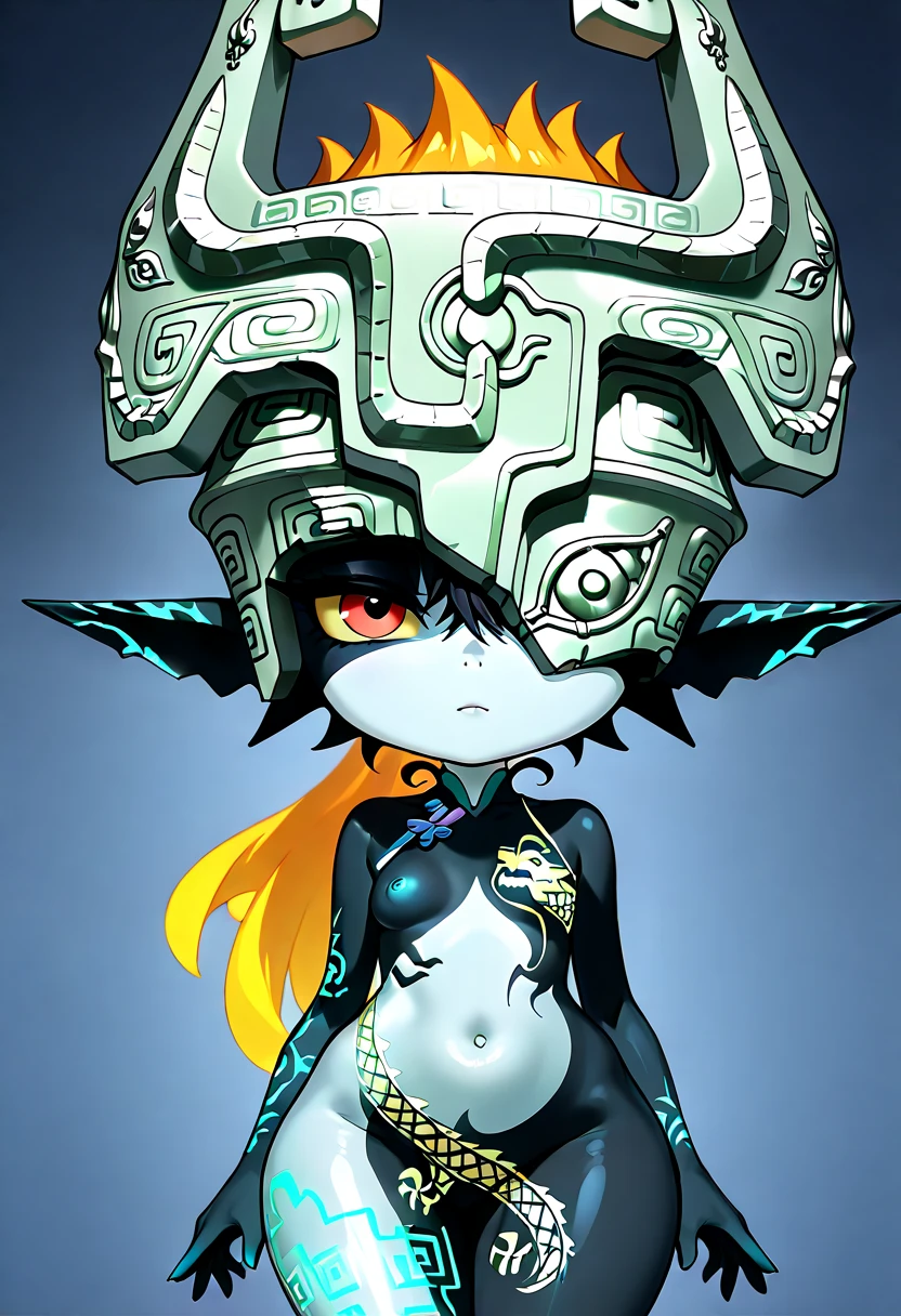 <lora:TFM_Midna:0.7>, midnaimp, fang, helmet, colored sclera, yellow sclera, one eye covered