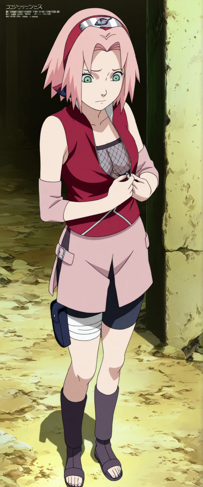 1girl,haruno sakura taking off shirt, two handle for removing the shirt , BREAK pink hair, short hair, red hairband, green eyes, parted bangs, BREAK red sleeveless minidress, zipper, pink miniskirt, bandaged thigh, BREAK medium breasts, beautiful body, beautiful legs , masterpiece,best quality,amazing quality,professional quality ,very aesthetic ,newest,scenery, ultra detailed ,highly detailed ,intricate , absurdres , high resolution , 4K , 8K , unity 8k wallpaper , crisp quality , sharp focus , rich contrast , rating_explicit , official art, official style,source_anime,anime screencap,anime coloring,megami magazine,anime,animated ,1girl, standing at konoha village, straight angle, full body,open shirt ,haft nude ,naked ,medium breasts, hard nipple ,Mesh chest