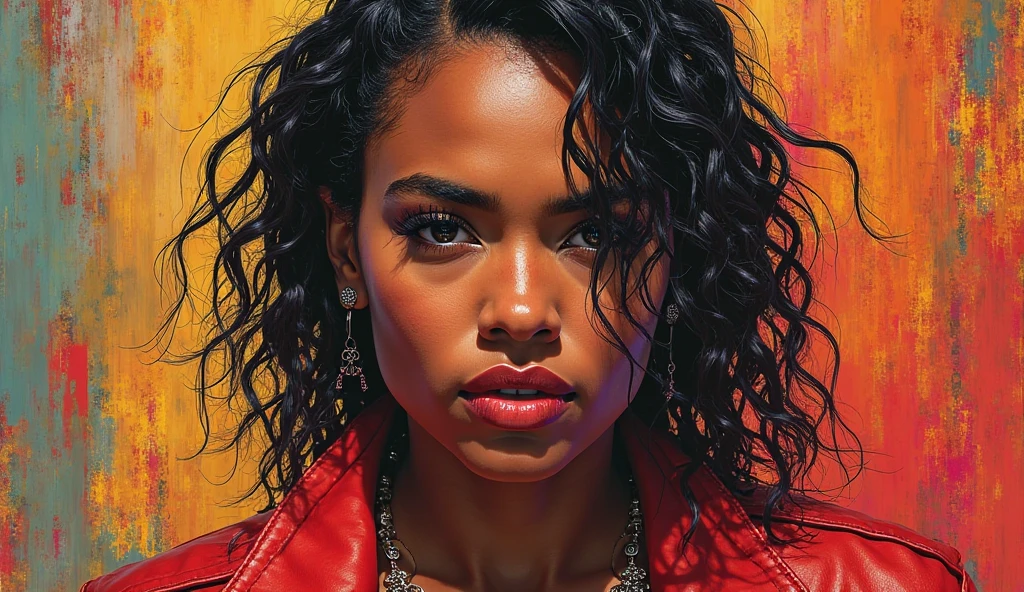 a woman with a black and red hair and a feathered top , 1girl, solo, short hair, black hair, brown eyes, jewelry, upper body, red hair, multicolored hair, earrings, blurry, lips, feathers