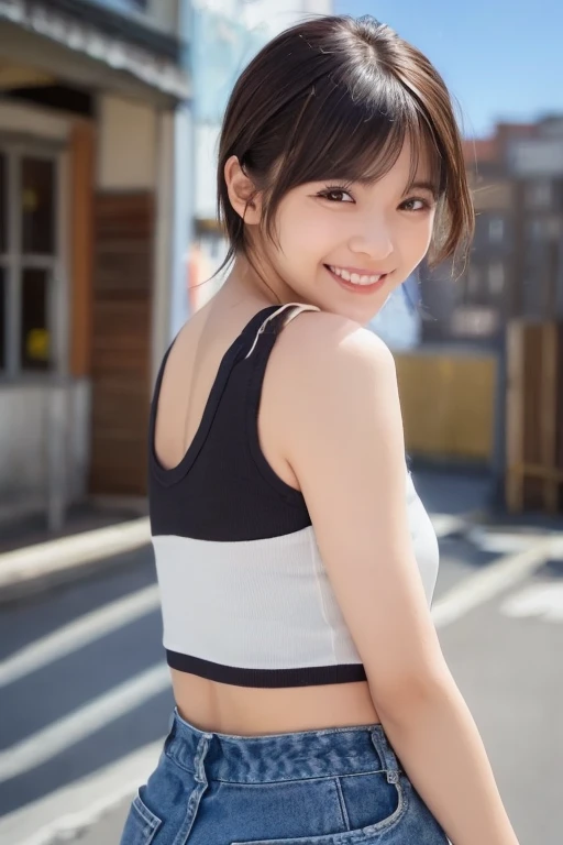 Photo of an extremely beautiful Japanese girl on the street. She is wearing a gray transparent vest top and black skirt. She has white skin, a happy expression, and a very plump body shape. She has bangs hairstyle and is looking at the viewer with a smile. It is a close up shot with a blurry background. The street photography captures her fullbody portrait with natural lighting and ultra details. The style is reminiscent of street photography.