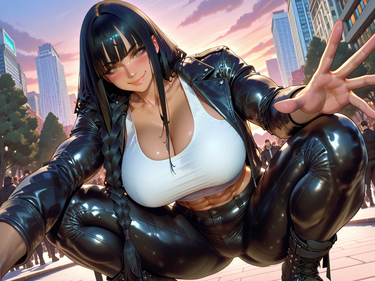 Emphasize the crotch,Draw the crotch,POV from below,blush,Drawing the whole body of a beautiful woman,extraordinary beauty,Beautiful woman with big breasts,doing squats,detailed abs,concrete wall on background,basement,detailed crotch,Underwear that dug into the crotch, hair, Sweat,dynamic pose,big breasts,Beautiful woman,toned body,Sweating, high quality, beautiful crotch,Sweat profusely,white skin,black leather gloves,concrete floor,Silver Dish,