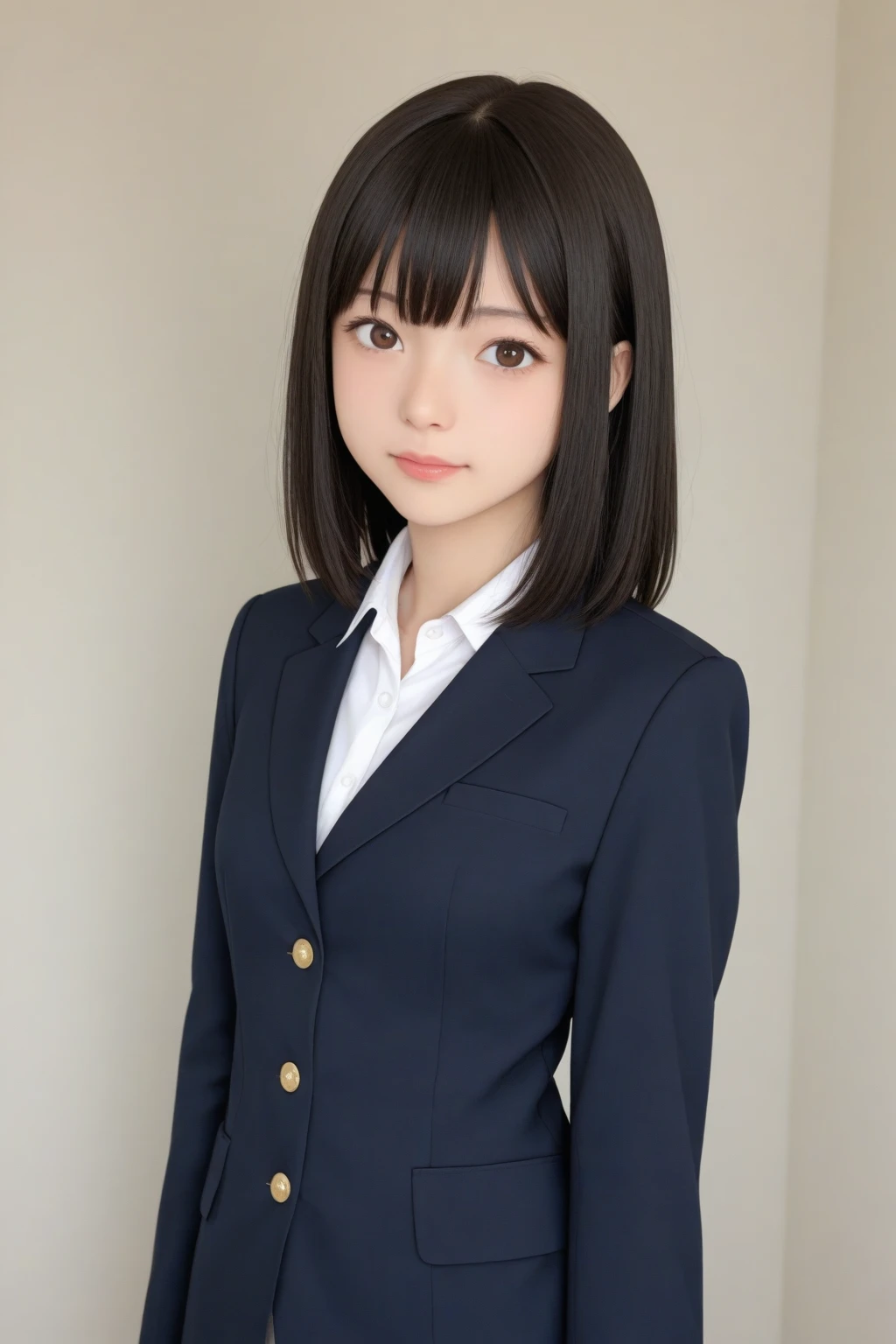 (masterpiece, highest quality:1.4), Award-winning portraits, 8k, 85mm, alone, Beautiful Face, Delicate girl, , (Dark navy blazer jacket, Put your arms behind your back, Close your face:1.2), Dark Navy Skirt, Long sleeve, Sophisticated, cute, Teen, Looking at the audience, 15 years old, RAW Photos, Confused, High resolution, Sharp focus, Background blur、(((Flat 、thin and delicate body、Childish atmosphere)))、shiny semi-long hair、ponytail、Mole on the left cheek、 Dark blue eyes、Random Pause、the skirt is swaying in the wind、Hair swaying in the wind、sexy