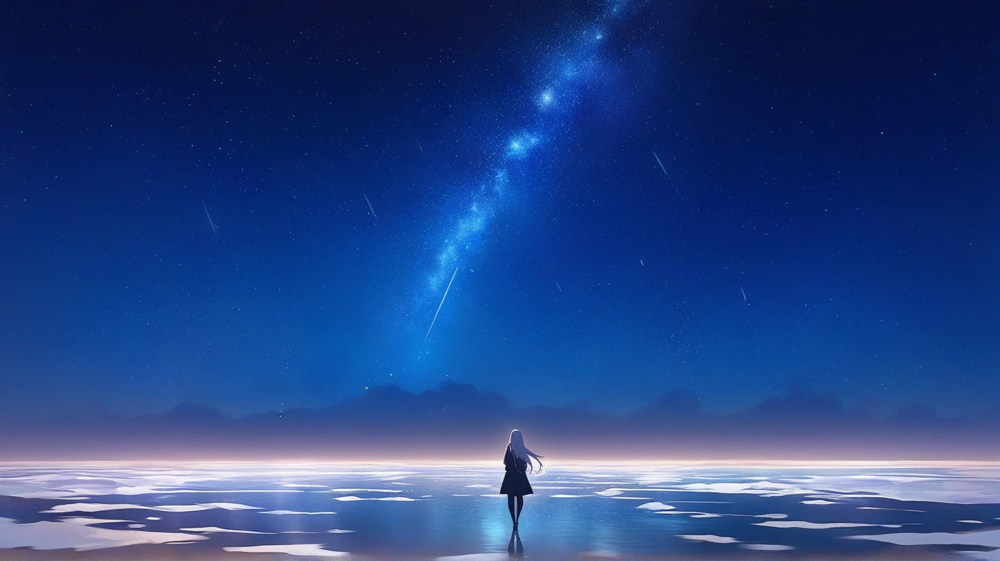 masterpiece, stars, stars, starry_sky stars (sky) standing on bridge, woman looking at the space sky and starry sky, profile, looking up at the starry sky, Makoto Shinkai, infinite universe in the background, starry sky!, anime sky, starry sky, starry sky, full of starry sky, anime girl with space hair, beautiful anime, atmospheric anime, beautiful anime scene