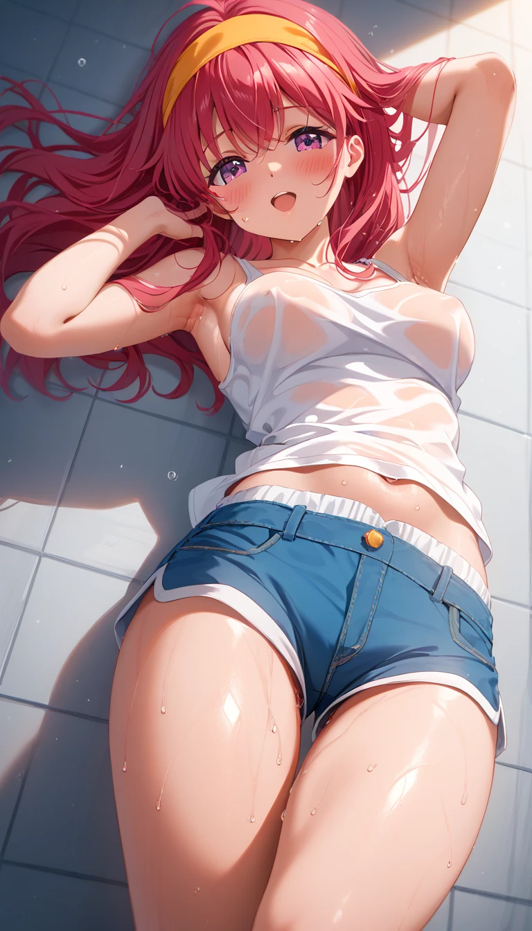 hight resolution, top-quality,  ultra-quality, The ultra-detailliert, lighting like a movie、School Library、Open your legs while standing、Close up crotch、Wearing sweat、full of sweat、Close up of pink panties、Close-up panties、Eyes from below