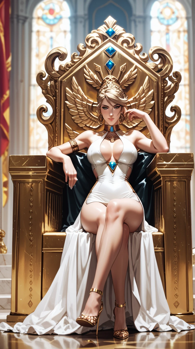 (masterpiece, best quality), beautiful queen, sultry face, 1lady, solo, elaborate skimpy white and red and blue dress, short blonde hair, sultry green eyes, elaborate throne room, gold bracelets, small breasts, narrow hips, sitting on throne, white high heels, Greek Goddess