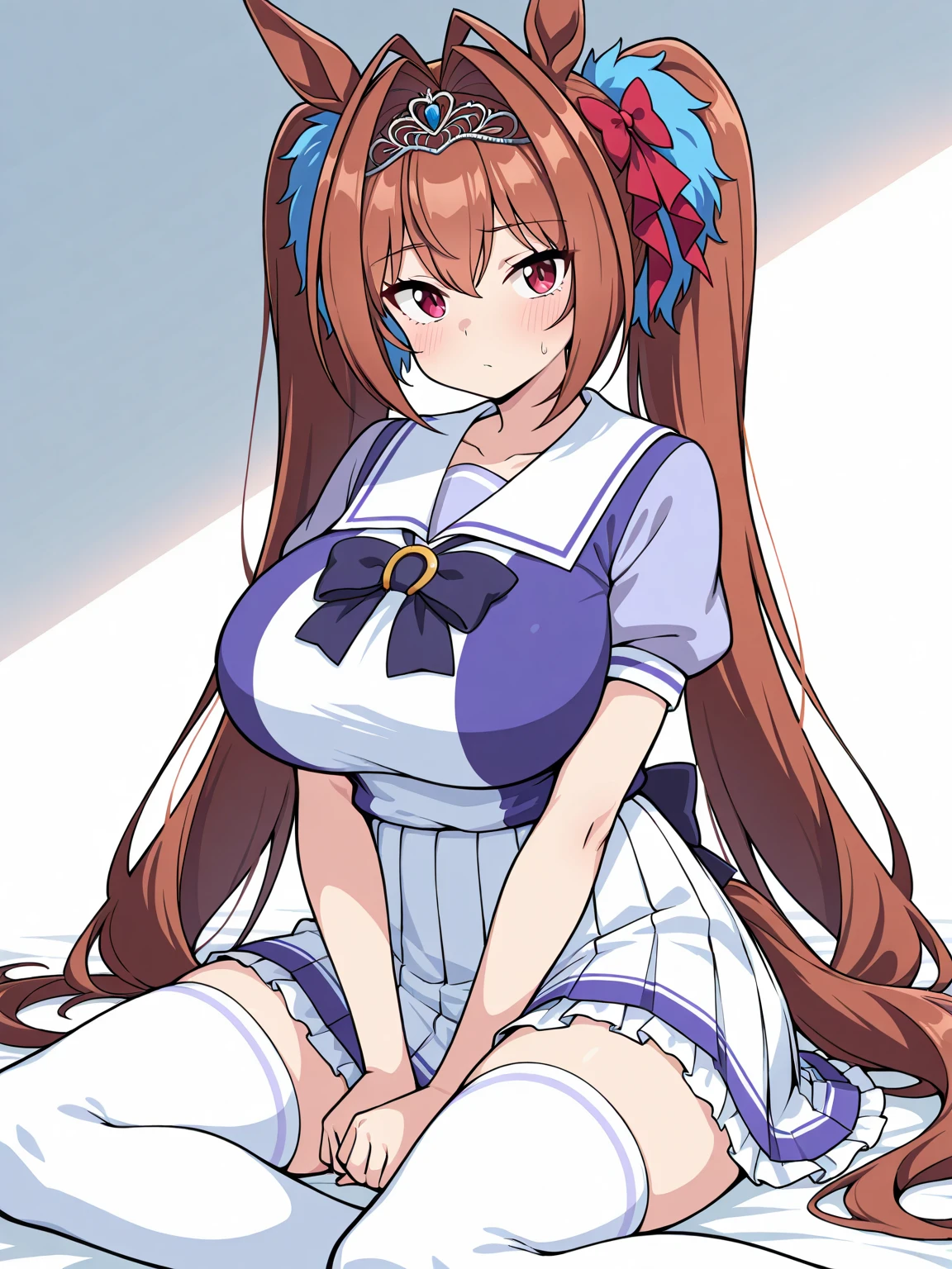 (Huge boobs), there is nothing, One Girl, Marl, solo, Daiwa Scarlet(umamusume), Tracen School Uniforms, White knee-high, White Skirt, Twin tails, Sailor shirt, puffy short sleeve, Very long hair, Brown haired, Horseshoe ornament, Sailor collar, Purple Shirt, Hair Intake, mini skirt, Tierra, tooth, Akame, Bans, Embarrassing, low length、Twin tails