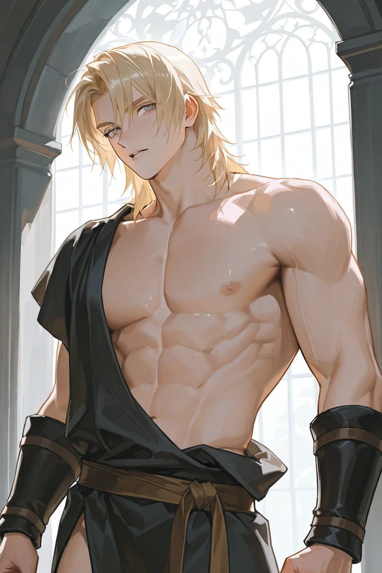 1 man, ((muscular)), short blonde, scars all over body