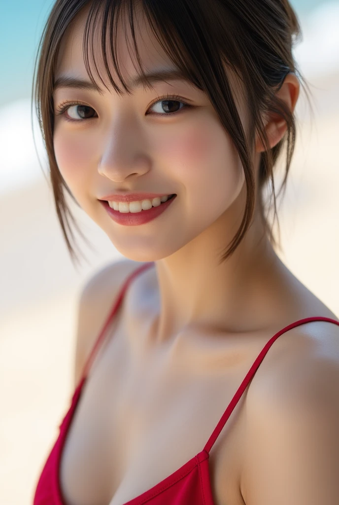 Coloured inner hair、Parted bangs、Halo、Swimwear、Real skin type、Real Photo、High-precision arms、High-precision fingers、High-precision legs、Colored contact lenses、Beautiful smile、Realistic Style、Blurred Background、Social Media Configuration、Full body photo、Wide Shot、Bokeh、8K、Highly detailed skin、masterpiece、Super detailed、Photorealistic、Physically Based Rendering、professional、nail art