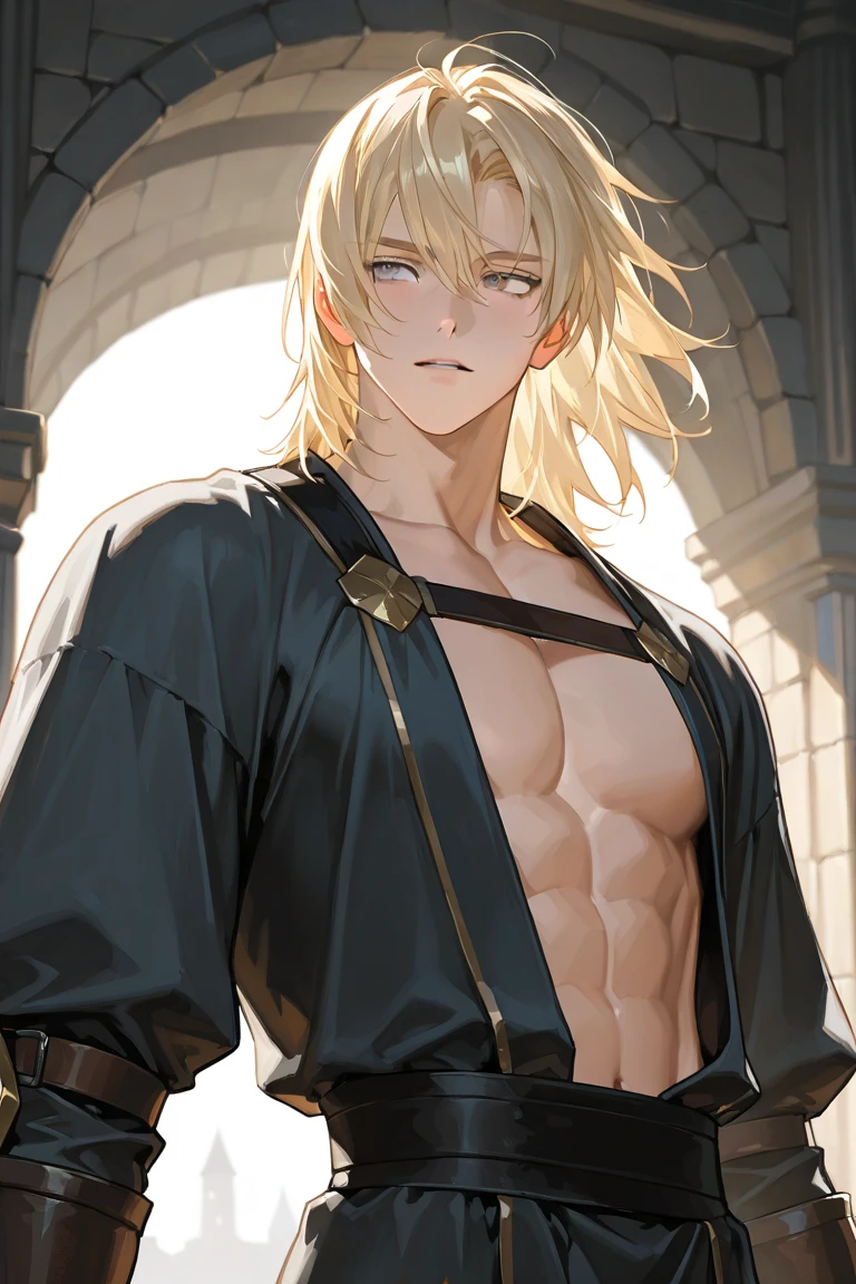 Absurd resolution, high resolution, (masterpiece: 1.4), hyper-detailed, mature man, Grown-up guy, blonde hair, blue eyes, Black cloak, exposed muscular torso, hiquality, Magic elements, forest, pubic hair on the groin, Mage, magic, Black pants, short hair