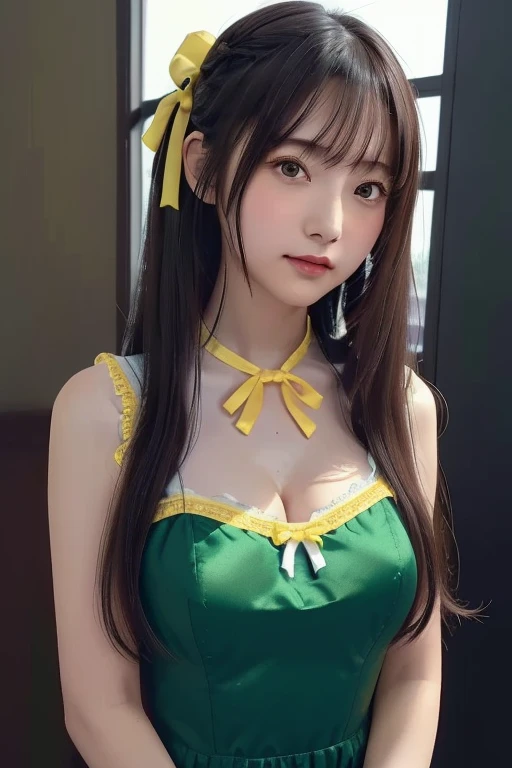 1girl in、full bodyesbian、Yellow-green elf fashion、Elf Cosplay、With a leaf on your head、Pointed ears、a miniskirt、fair white skin、japanaese girl、huge tit、cleavage of the breast、A slight smil、