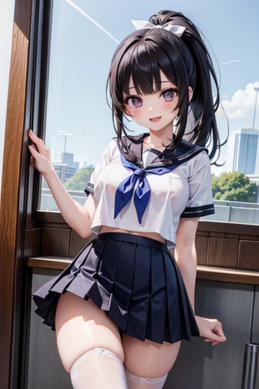 NSFW、(Sailor suit summer uniform、Short sleeve、Navy blue micro mini skirt、Navy Pleated Skirt、White mesh panties、Yellow tie、White Short Socks)、独奏、Women's High生、(Big Breasts、Big Tits)、Arms folded behind back、Spreading her legs:1.5、(Big Breasts、Big Tits)、(Black Hair、Very Short Hair、Boyish cut)、sitting、Women's High、classroom