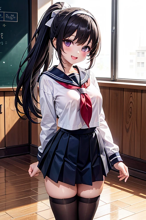 (top-quality、in 8K、32K、masterpiece、nffsw、超A high resolution、Impresionismo、Photorealsitic:1.2)、Angle from above、High angle、Colossal tits、cowboy shot, detailed faces and eyes、 Inside the classroom、Schools、Evening glow、beauitful face、blurry backround、16-year-old beautiful girl、shinny skin、long、Beautiful black hair、Blunt bangs、Invincible smile、Gray eyes、(Pointing with your right hand、Left hand on hip:1.2)、a sailor suit、Pleated miniskirt、Curve、Stand on one knee、Opening legs、Be yourself、Two girls