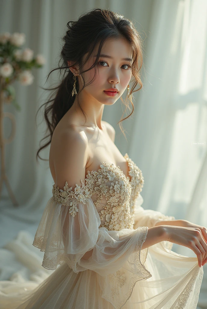 1girl,blush,eyelash,half updo,messy hair,make up,powder blusher,beautifully detailed big round dark brown eyes,double eyelid,supermodel,detailed shiny pale skin,smile,looking at viewer,
large breasts,
<lora:|r[POb:0.85>,
black hair,long hair,brunette,brown eyes,strapless dress,white dress,bare shoulder,earrings,jewelry,
looking at viewer,top down shot,from above,
flower,indoor,window,rose,plant,book,
masterpiece,best quality,high quality,highres,natural light,ray tracing,volumetric light,realistic,photorealistic,ultra highres,<lora:add_detail:0.5>,