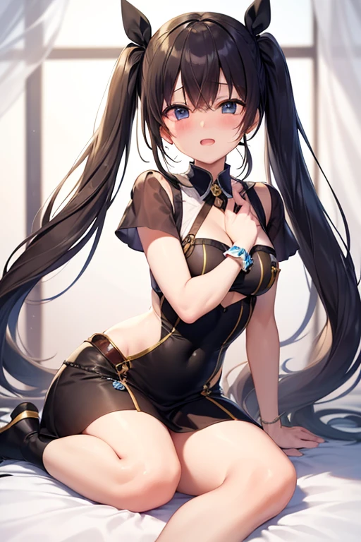 1Girl, solo,black hair,red eyes,(((black bunny suit,clavage,bare shoulders,black bunny ears))),long hair,