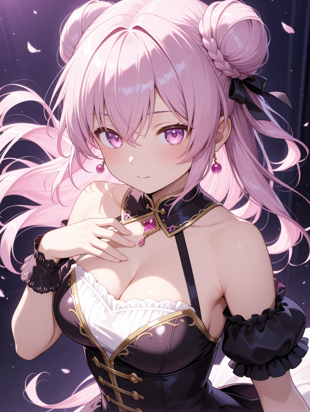 Tabletop, highest quality,shape, wallpaper, Very detailed, Absurd beauty、1 beautiful girl、 (Pink Hair、Medium Hair、Wavy Hair、Very ample breasts、Accentuate your breasts), (Pinch between the breasts)、Very detailed beautiful eyes、Keep your head small