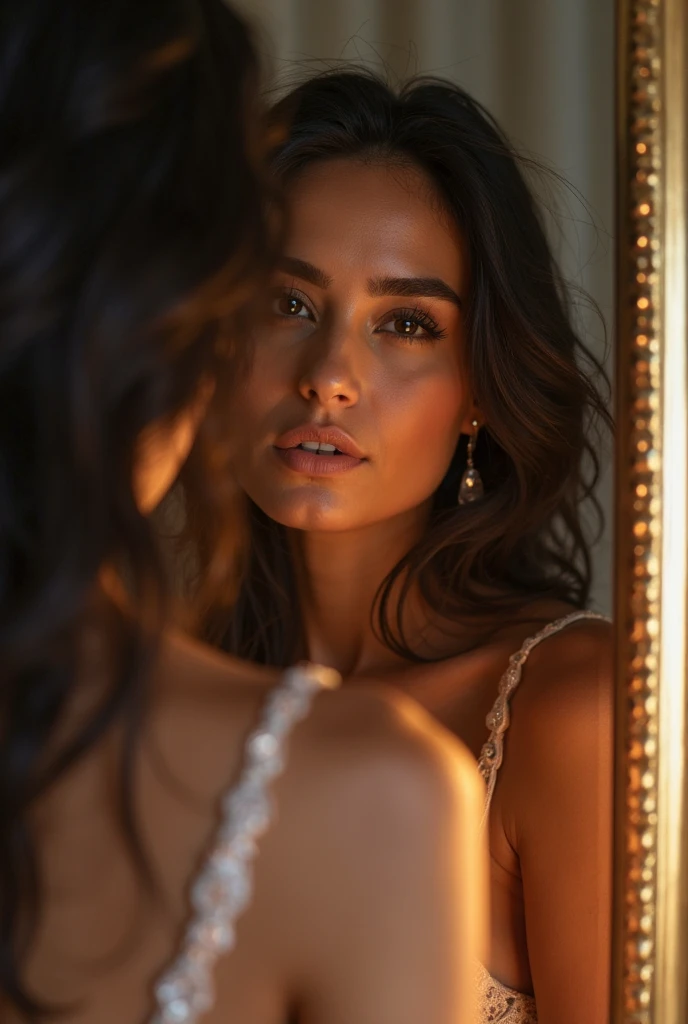 White American beautiful women taken a mirror selfie in bathroom dark brown hair photo she wears a fancy black dress she has a average body build