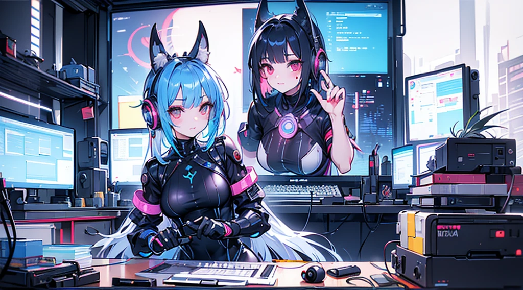 Three tall thin girls, in a gamer room, with neon lights, sitting playing video games, one with white hair and horns, another with brown hair and another girl with black hair