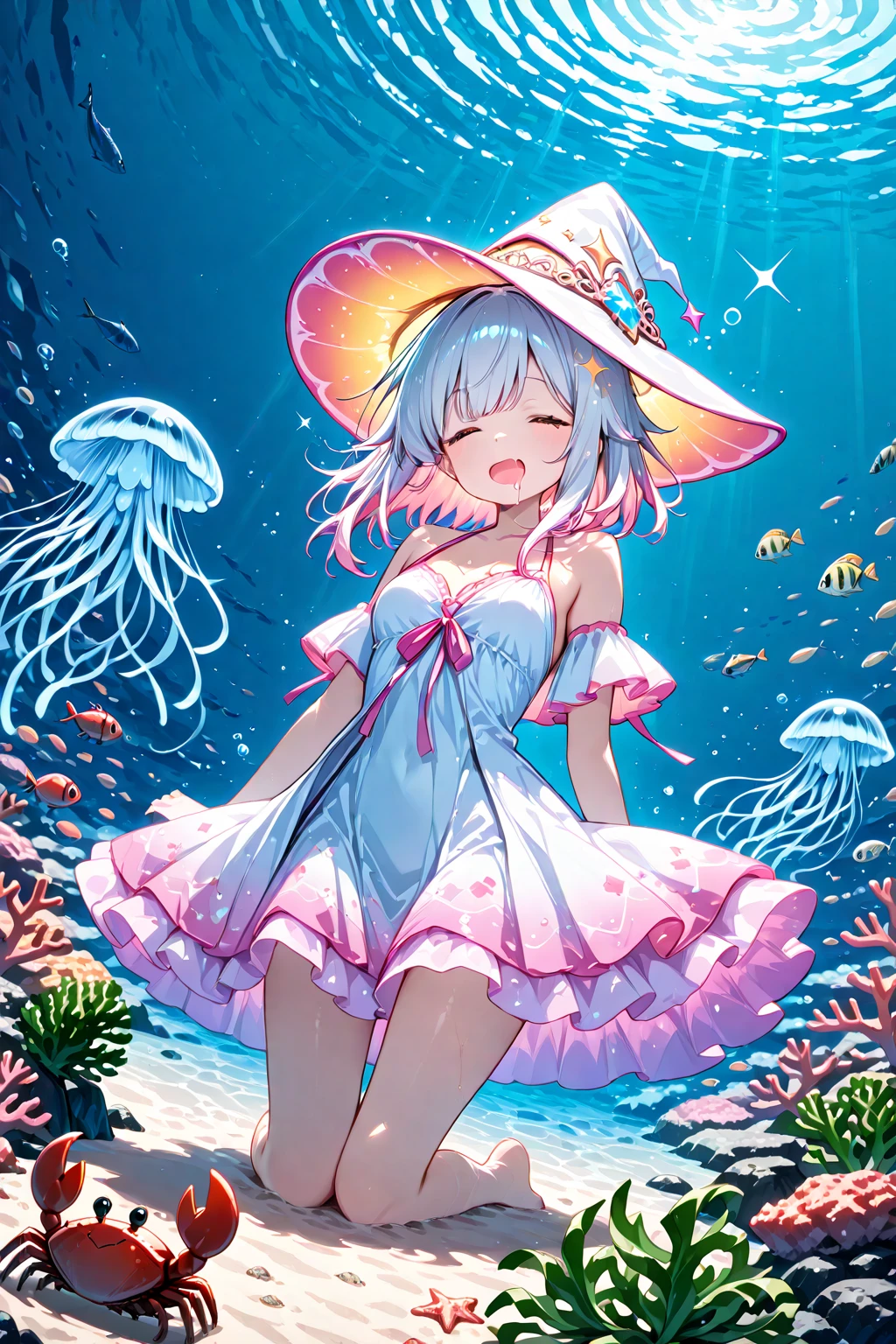 masterpiece, best quality, extremely detailed, detailed background, detailed face, blunt bangs, 1girl, jellyfish, underwater, solo, purple eyes, coral, white hair, smile, short hair, bubble, looking at viewer, bare shoulders, fish, frills, breasts, air bubble, wrist cuffs, hair ornament, dress, thighhighs, leotard, closed mouth, white thighhighs, water, small breasts, swimsuit, collarbone, hand up