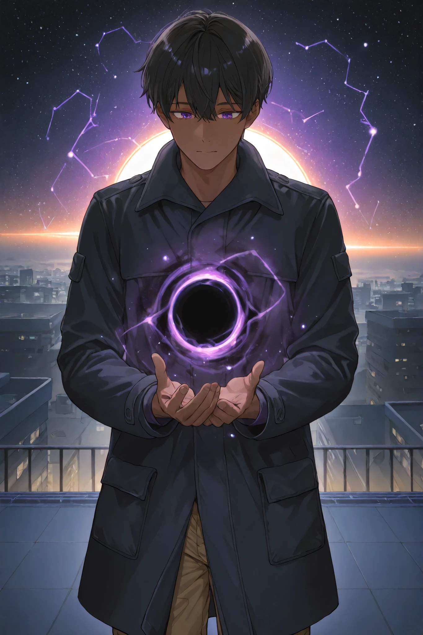 {1men}:(a dark-skinned boy, purple eyes, black hair,with an aura of stars looking like constellations, wearing a black coat and cargo pants, hold a black hole in your right hand, as if it were a power, while the left is in his pocket), (rooftop of a building, soft lighting)