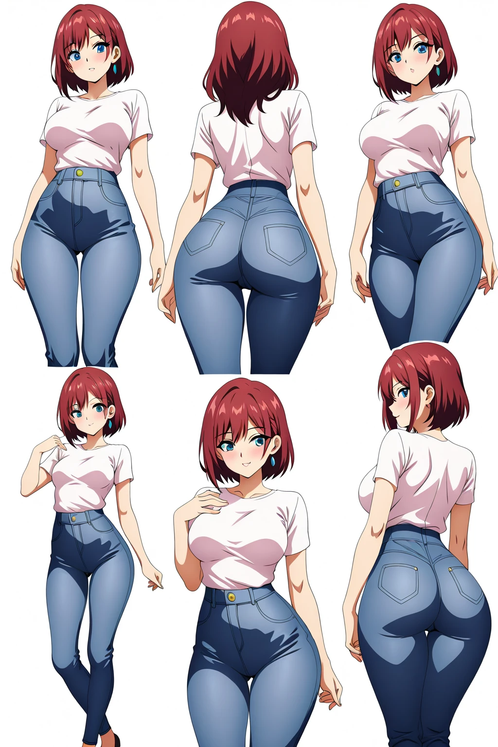 1 girl,curvy,looking away,short hair,bob cut,dark red hair,ligut blue eye,large breasts,beautiful ass,black hoodie,jeans,(embarrassed),(face focus),simple background