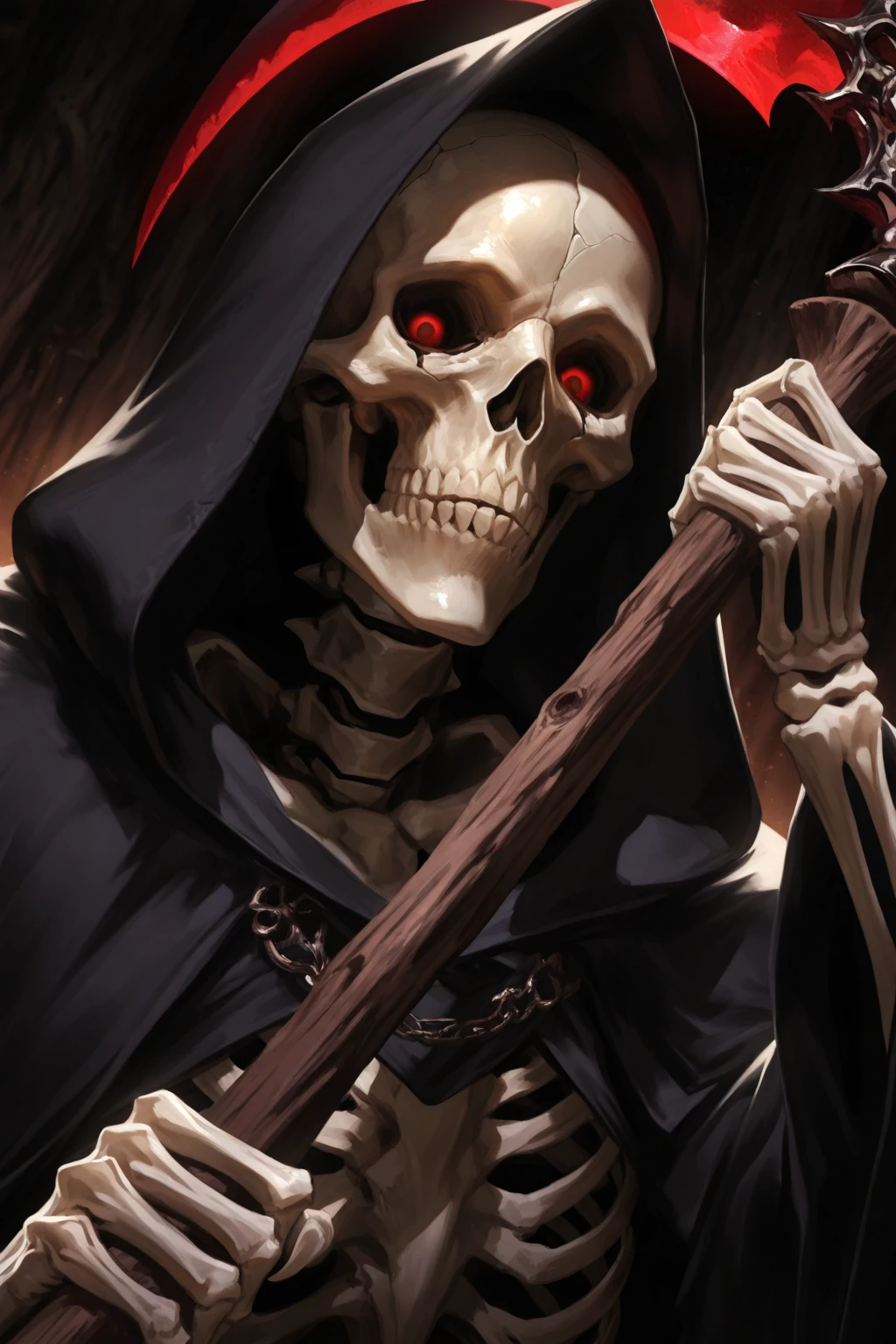 A man in a black raincoat on the background of a ruined city. A man has a skeleton instead of a body, He wears a black half face mask and hood, Of the human, he has only eyes and the skin around his eyes
