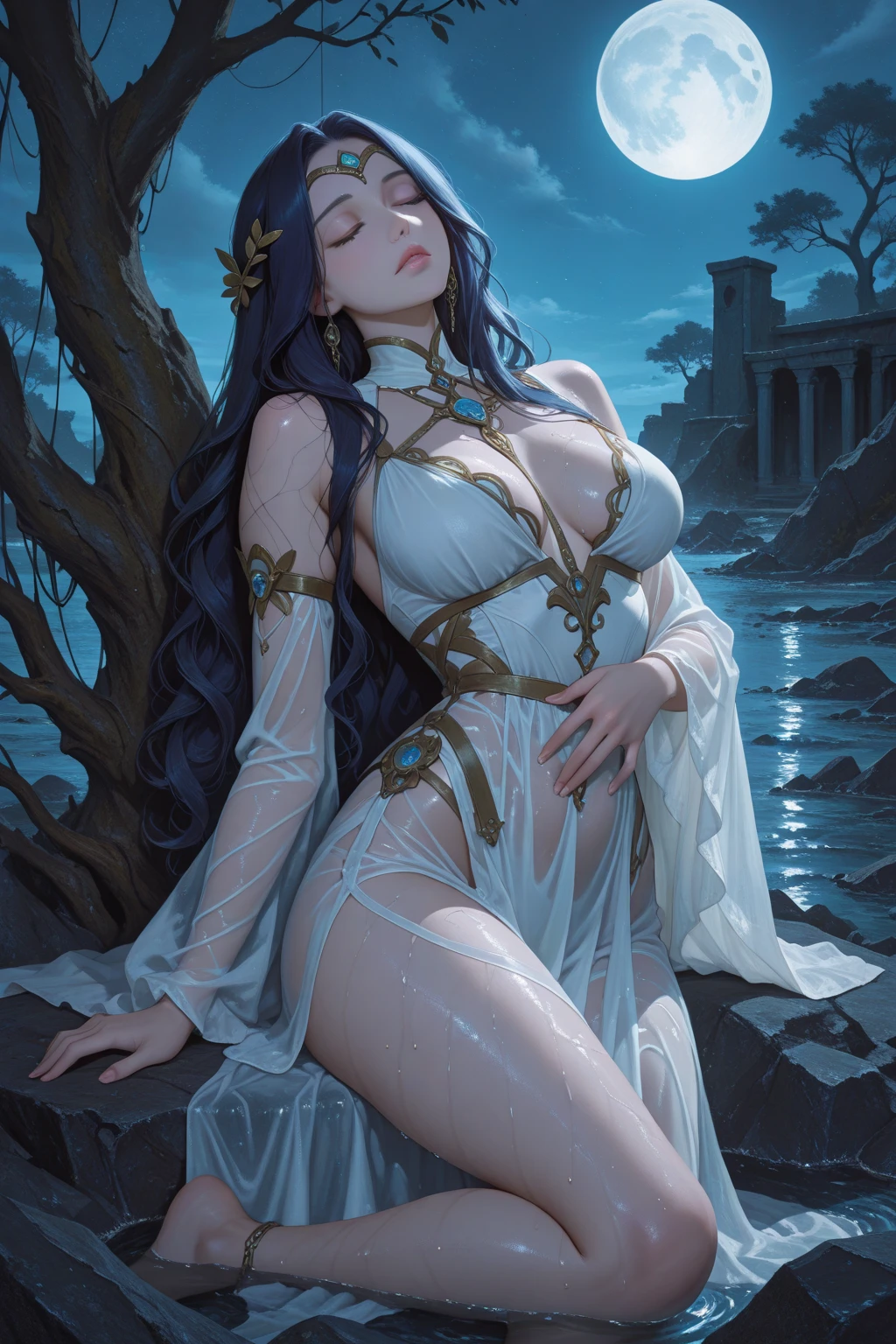 A very beautiful young woman stands in the water of a river and shouts with joy with her hands raised........ (Good Composition) (obra de arte) (Arte expresivo). (((Pechos masivos gigantes)))