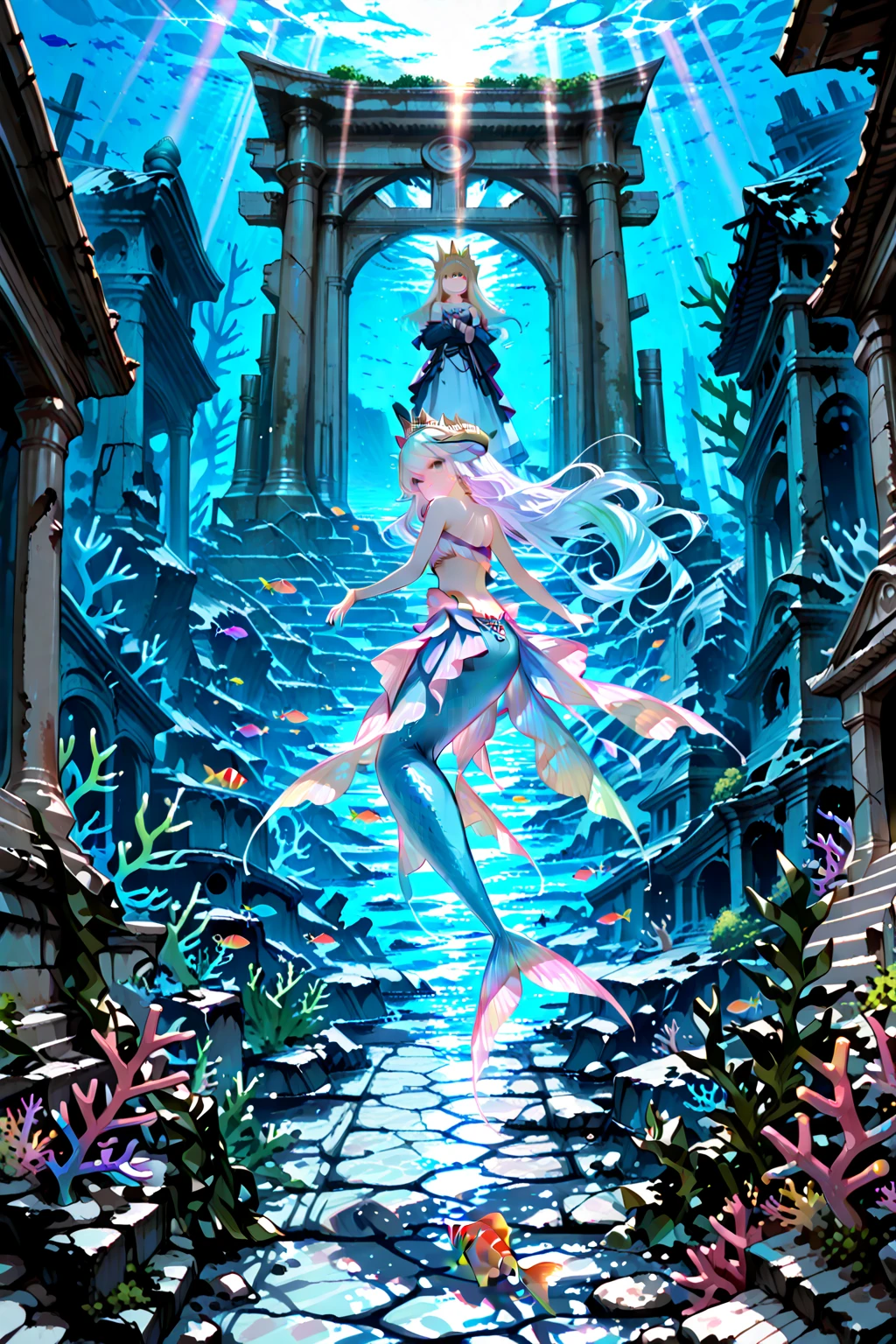 Best quality, beautiful line drawing, drawn with delicate lines, extremely pastel, extremely fairy, undersea temple, mermaid princess swimming, colorful little fish swimming, seabed, glossy skin, beautiful breasts