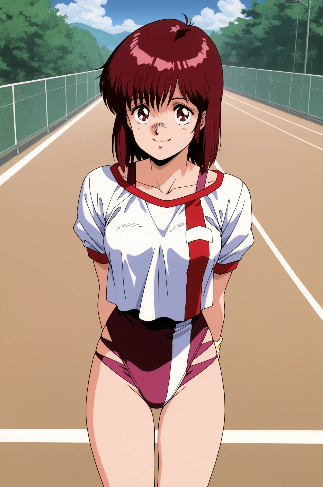 from front,from front, masterpeace,bestquality,,,norikotakaya,1girl, medium hair, brown hair,brown eyes, headband, short sleeves,leotard under clothes, wristband, leg warmers,shoes,