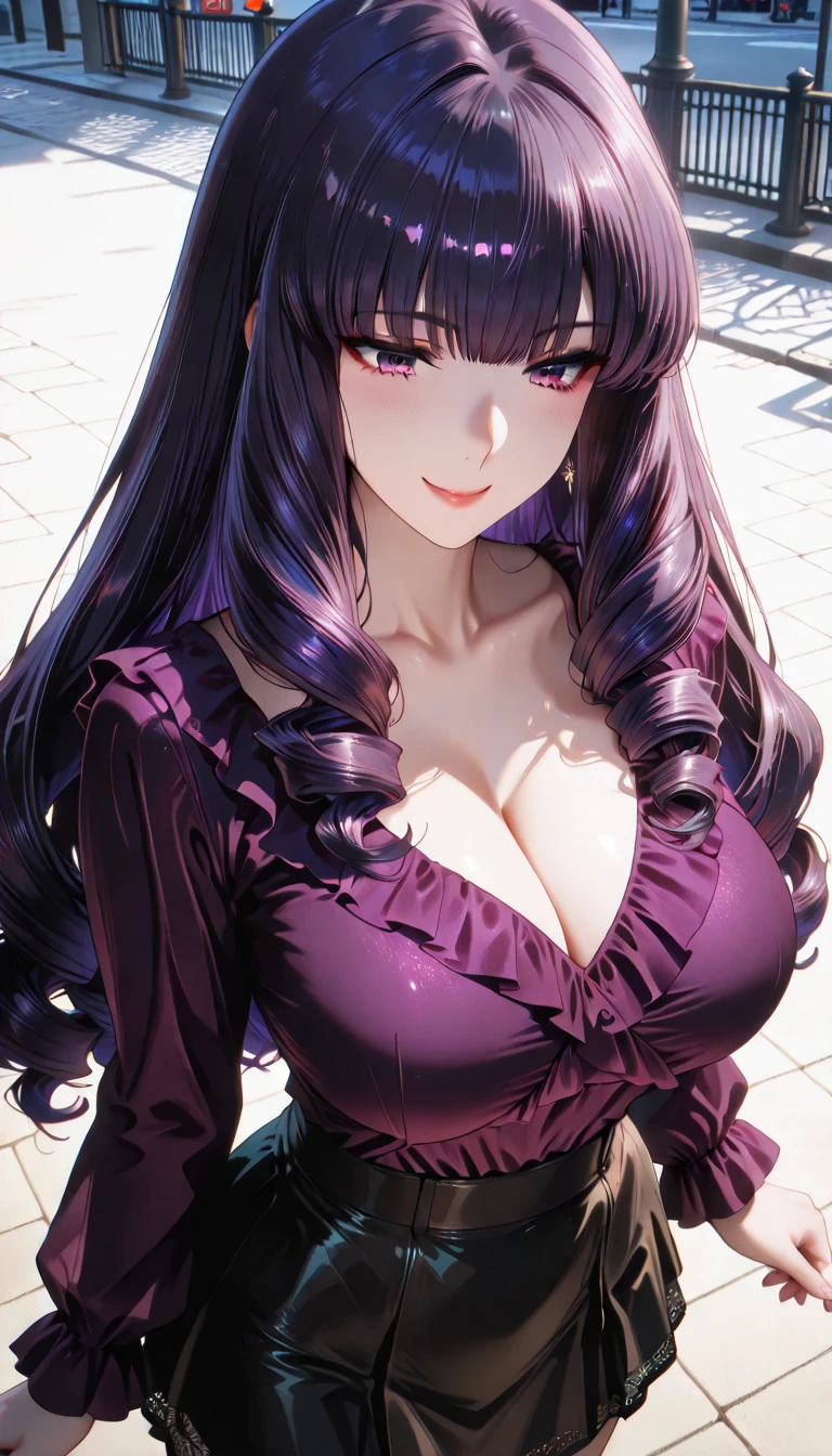 ((Best Quality)), ((masterpiece)), (detailed), 1 girl, with a blue evening dress,neckline,big breasts,wide hips,by rubio,violet eyes, long wavy fur,((Whole body)),((view from above))