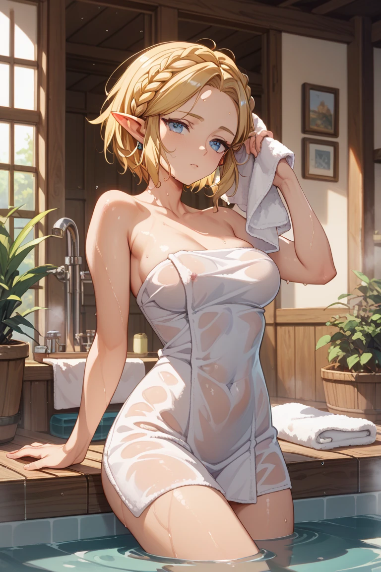 (nsfw 1.1), ((1girl)), ((masterpiece)), realistic, ((highly detailed:1.3)), beautiful elf princess bathing in a marble tub, ((very long blonde hair)), wet hair, round face, big eyes, cute stubby nose, wearing a sheer bathrobe, clothed bathing, ivorygoldai, royal palace bathroom setting, steam, ornate marble tub, (rose petals floating in water:1.3), early morning light, windows, crepuscular lighting, dynamic pose, dynamic angle, (nude, nudenudenudenude, nude), no foam, no bubbles, nothing on breasts, small little breasts