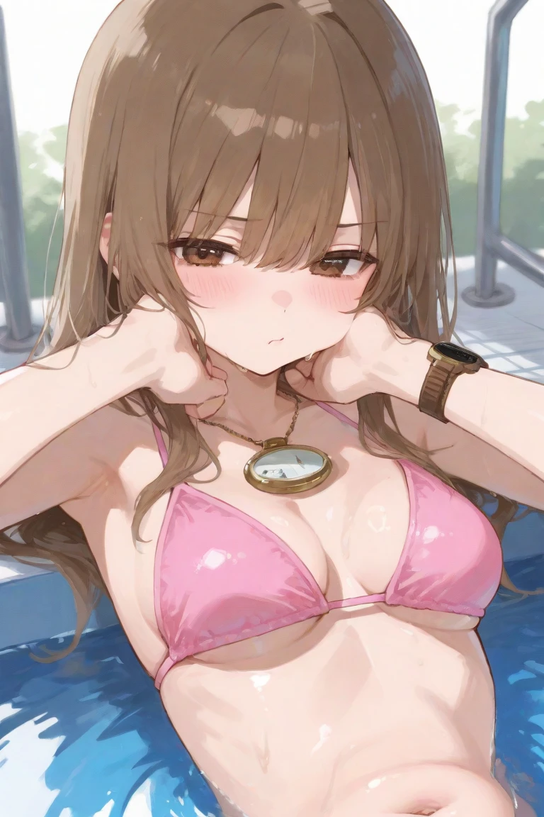 tsukioka kogane, 1girl, (abs:1.2), detailed face, muscular girl, bikini, solo, brown hair, six-pack, open mouth, long hair, looking at viewers, blush, detailed eyes, selfie, smile, collarbone, bangs, (muscle:1.1), pool, breasts, ponytail, shirt, bow, pink eyes, ribbon, upper body, hair bow, outdoors, large breasts