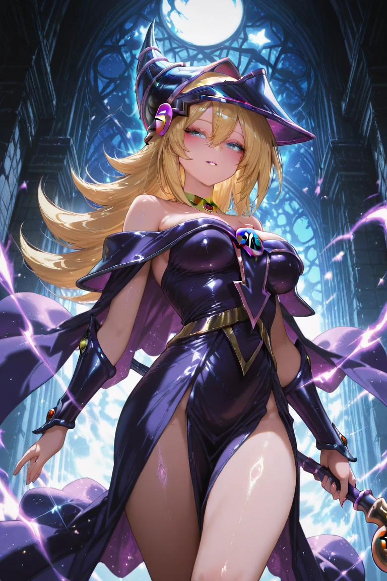 18-year-old girl, long wavy blonde hair, purple eyes, beautiful magician, voluptuous figure, purple magician revealing dress, purple magician hat, coquettish smile, golden staff with a blue sphere on it, purple hood