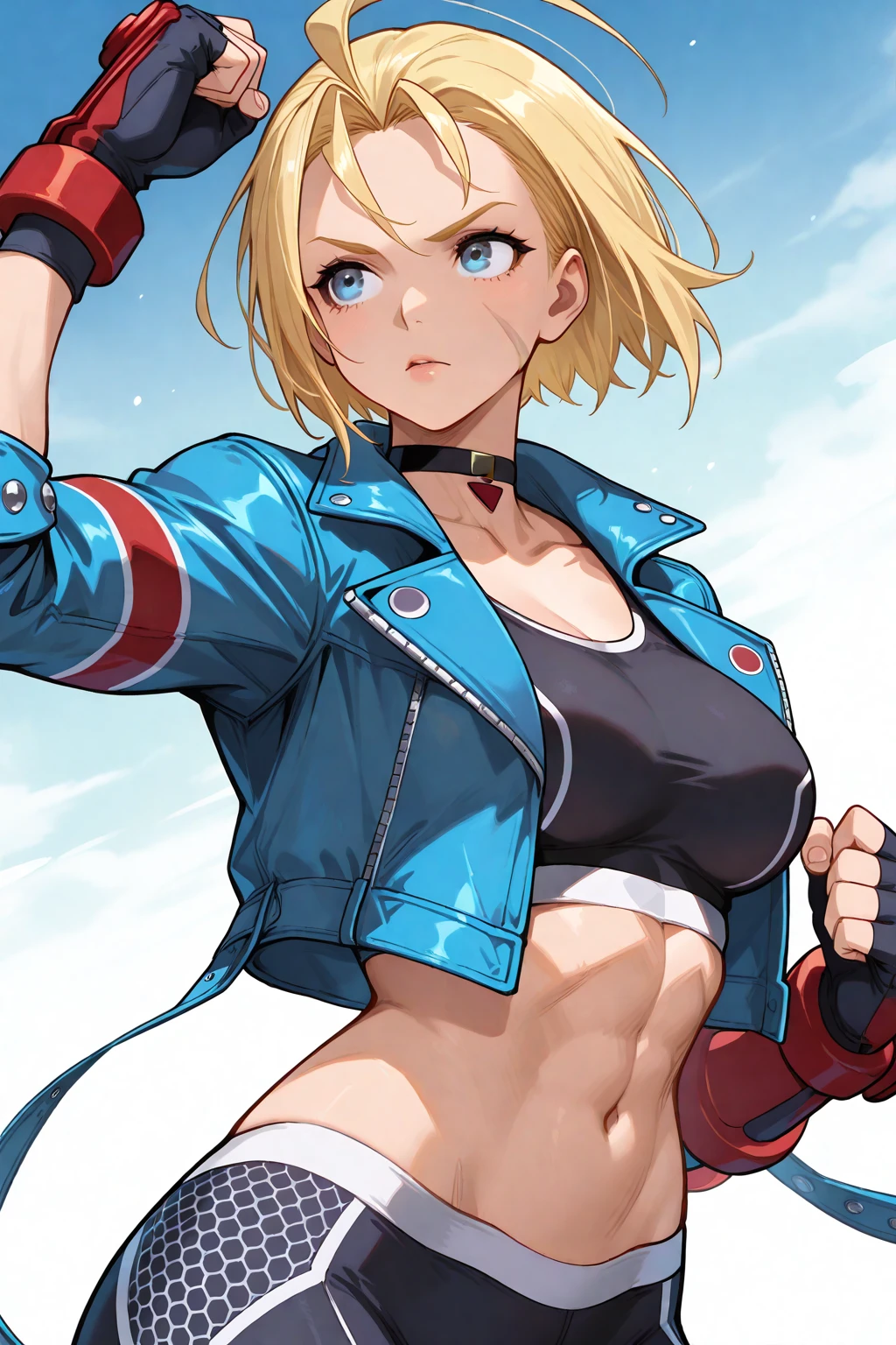 art by (Carl Larsson:1.2,Portrait Painting,(post-Impressionist),cammy showcasing her flexibility and skill,, pants, jacket, sports bra, short hair, narrow waist, wide hips, thick thighs,cammy white, short hair, antenna hair, blue eyes, scar on cheek,, black choker, collarbone,(joy jubilant face:1.2),(orange background),(background volumetric light),cleavage,light abs,shot from behind,butt and thights focus,