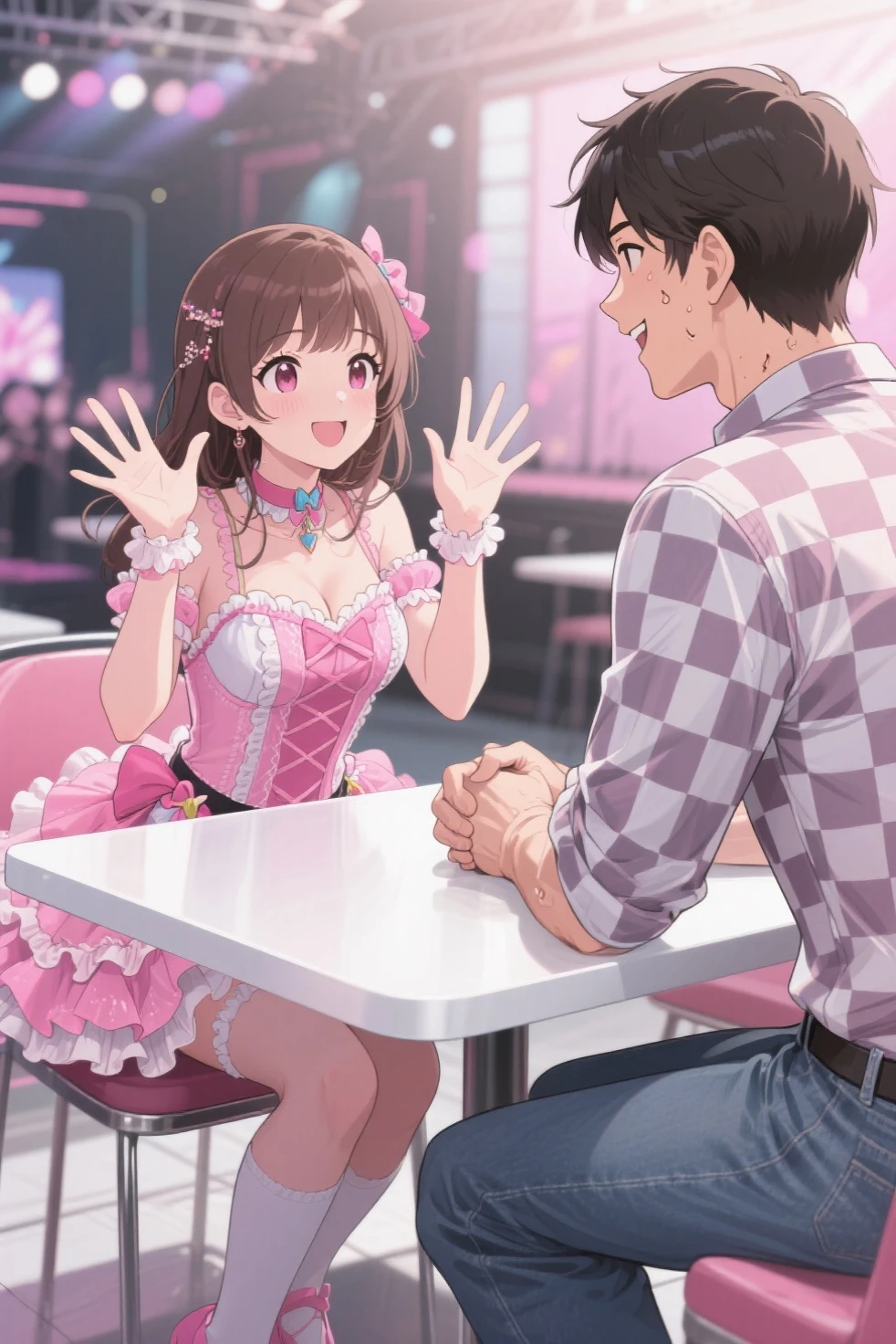 One girl, alone, smile, Are standing, mini skirt, Upper Body, Hanadera Nodoka,Face close-up、 (Fellatio gestures:1.3), (Open your mouth:1.2), Leaning forward, (Long Tongue:1.3), (Place your hand near your mouth)、3 Boys、12 years old、3 Penis:1.3、Facial:1.3,Ejaculating and releasing a lot of semen、Staring at the penis:1.3