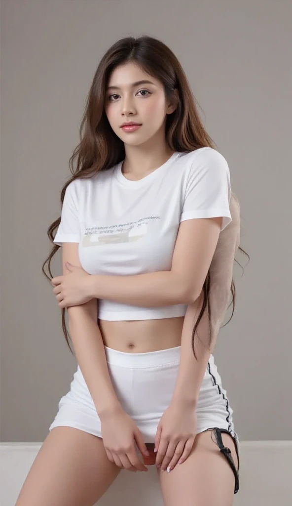 以一个charming女孩为主题，Realistic style，Ultra-realistic，Song Yuqi，Long blond hair，Near-perfect figure，Delicate and plump facial texture，The upper body is wearing a white T-shirt，The lower body is only wearing a semi-transparent，There is a feeling that it seems to be leaking，Middle school students，Sexy pose，Sexy，charming，Dynamic poses，【Song Yuqi】Sexy，Lower body transparent