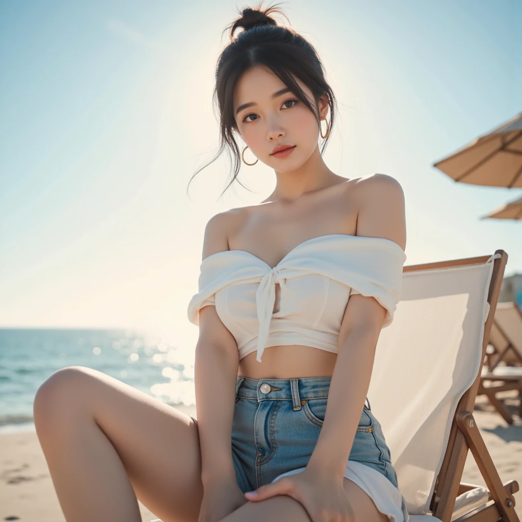 ((((absurdres, RAW photo, extremely delicate and beautiful, masterpiece, Best Quality, ultra high resolution, 32k, hyperrealistic, ultra-detailed)))), in her 20s, very Slim body, narrow waist, very small head, very small face, delicate facial features, beautiful face, beautiful eyes, ((((very huge round tits)))), medium hair, black hair, wavy hair, tearful mole, earring, ((((full body shot)))), casual, blouse, white shirt, buttoned shirt, bare shoulders, collarbone, midriff, navel, shorts, straw hat,