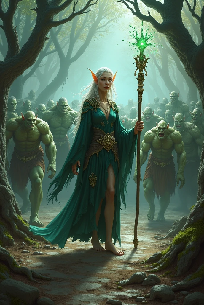 In the middle of the battle、Eris the elven druidess is in perfect harmony with the life force of the forest.、Unleash the true power hidden within you。Her magic is getting stronger、Become one with the surrounding nature and face off against the dark invaders。Ellis understood the importance of her mission.、Recognize that you are an essential part of protecting the forest。Her power spread throughout the forest、Giving hope and courage to my friends。Ellis is a blond elf woman. she is facing a horde of goblins. Goblins in the foreground,  lots of golblins
