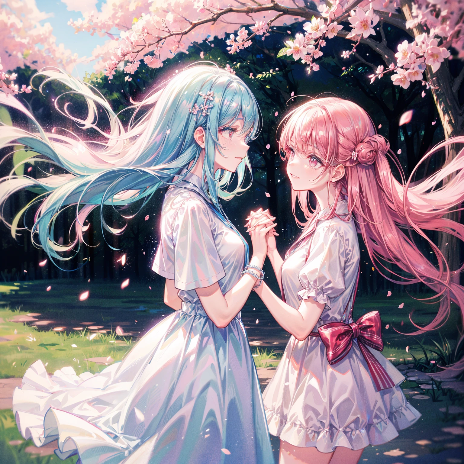 Two lovers in heaven, everywhere is sparkling and full of flowers