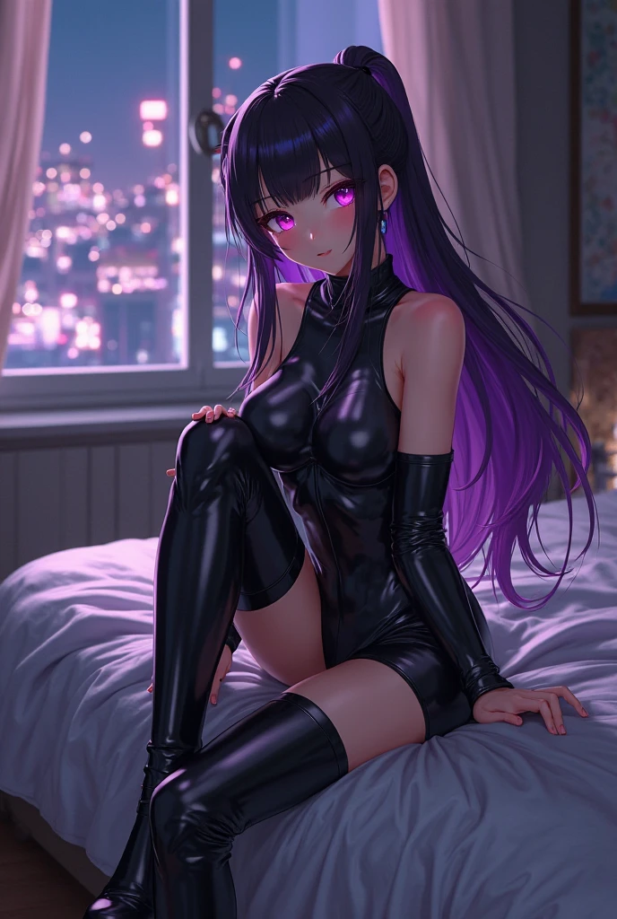 1girl, beautiful face, pretty, purple hair color, long hair, straight hair, hair bang, straight hair bang, purple eyes, mature woman, mommy, big tits, succubus, demon wings, smiling sadistically, black leotard, latex leotard, black stockings, latex stockings, lying on a bed