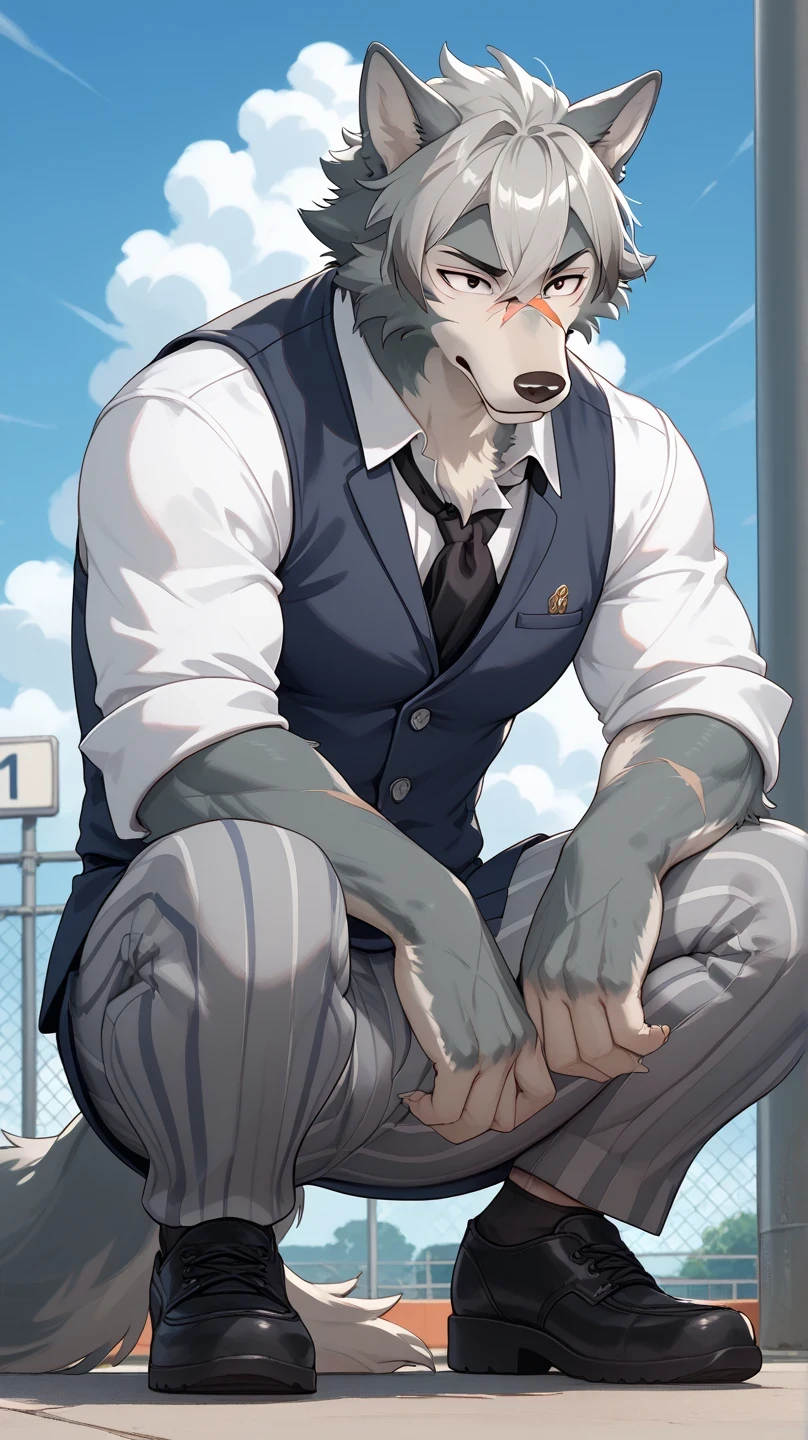 An antrine werewolf with black and gray fur, black eyes and muscular, with three scars on his right eye and some other scars on his chest and back, with long black hair with gray highlights. Wearing a high school uniform with a gray shirt and a navy blue vest with light gray striped pants and a black tie , on the campus yard, blue sky , white clouds, furry, squatting, while squatting, Wolf tail