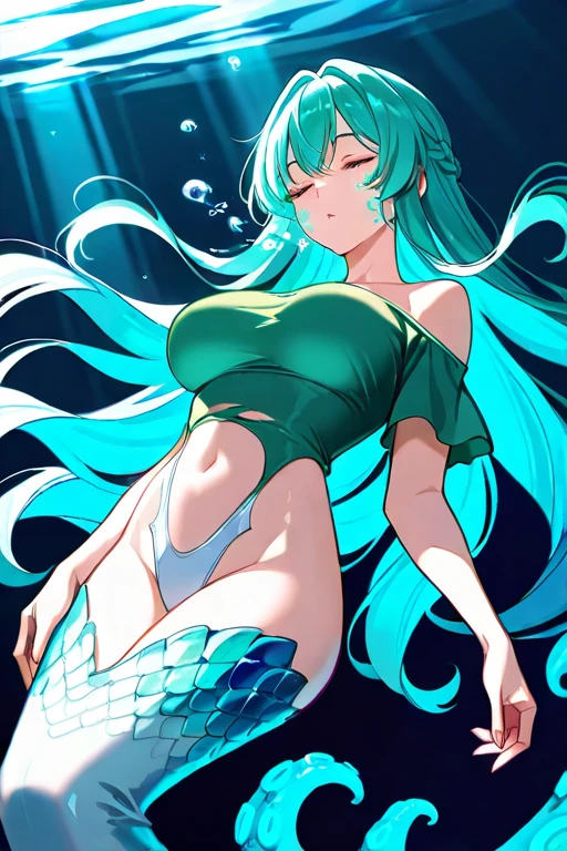 ((Masterpiece)), ((Best Quality)), Illustration, One Girl, Hair color, Bangs, Hairstyle Fax, Portrait from waist up, Nude, Bathing, Women's, Cat ears, Light green long hair, Gray eyes, Hair spread out in the water, Dull bangs, Yawning, Relaxing