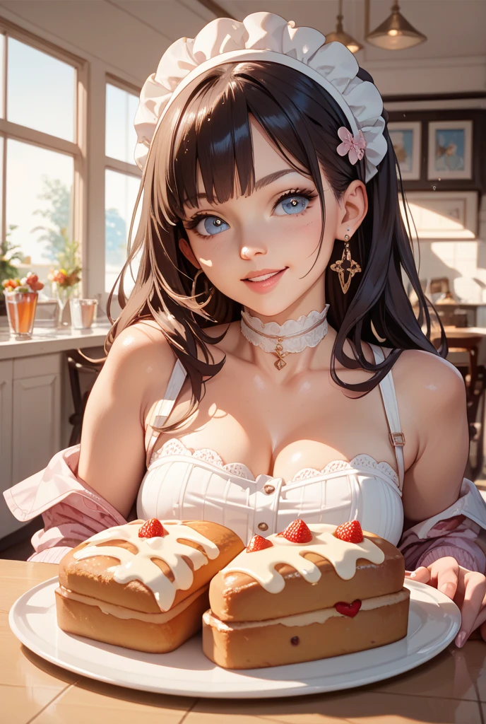 Illustrate a whimsical chocolate-themed girl with flowing chocolate hair, mocha-toned skin, and sparkling truffle-like eyes. She's dressed in a chocolate-wrapper dress with chocolate bar patterns and accessories. She stands in a candy land with chocolate fountains and candy cane trees.