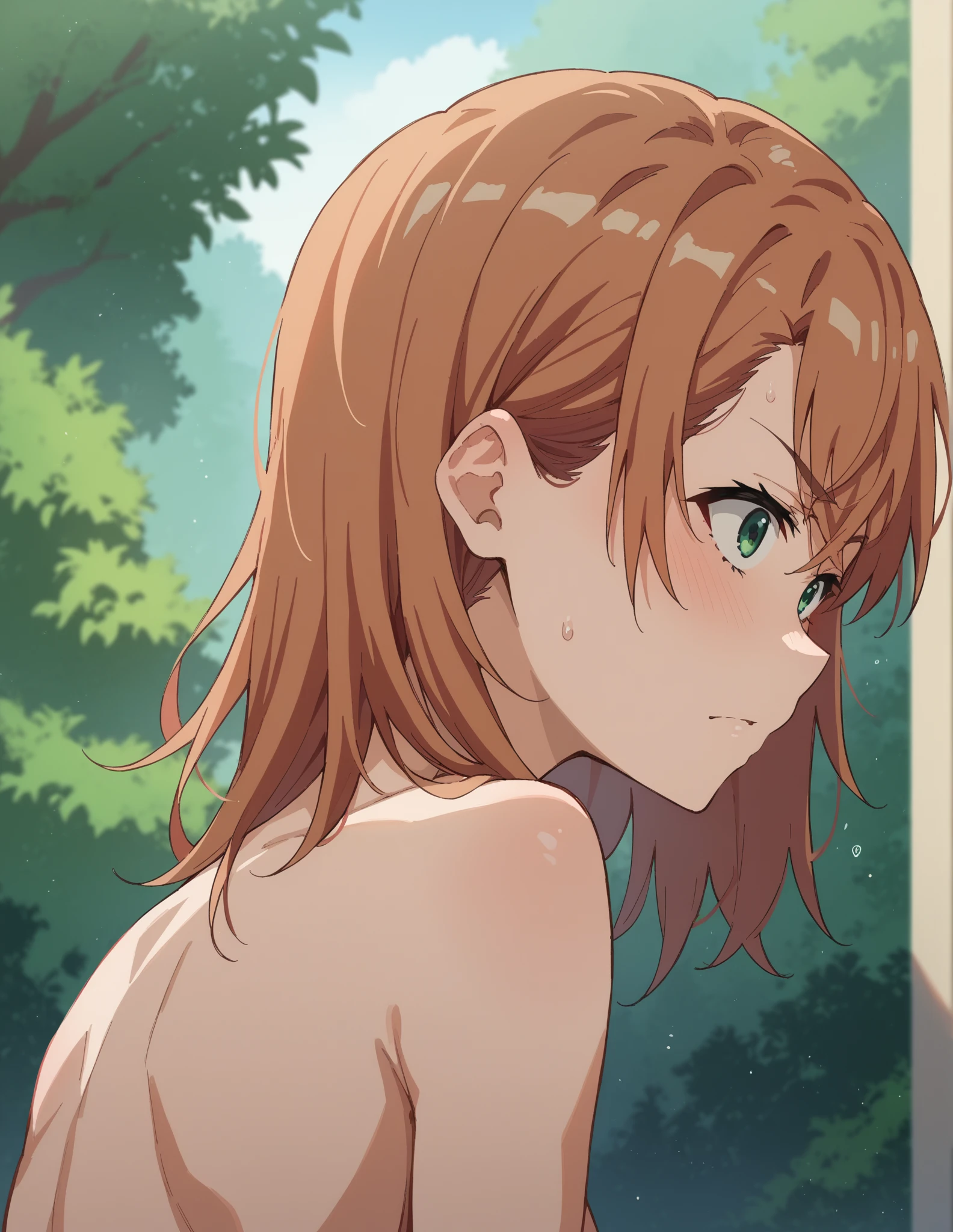 masterpiece, highest quality,8k, sketch, One girl, alone,sit, View Viewer, Upper Body, Depth of written boundary, Clear lines, Realistic, , Redhead, Detailed green eyes,((half eyes closed:1.3)),topless,Detailed nipples　,Grass,Slender body,blush,Short Hair,Mid-chest,belly button,White lace panties,orgasm,open mouth,(Troubled eyebrows)