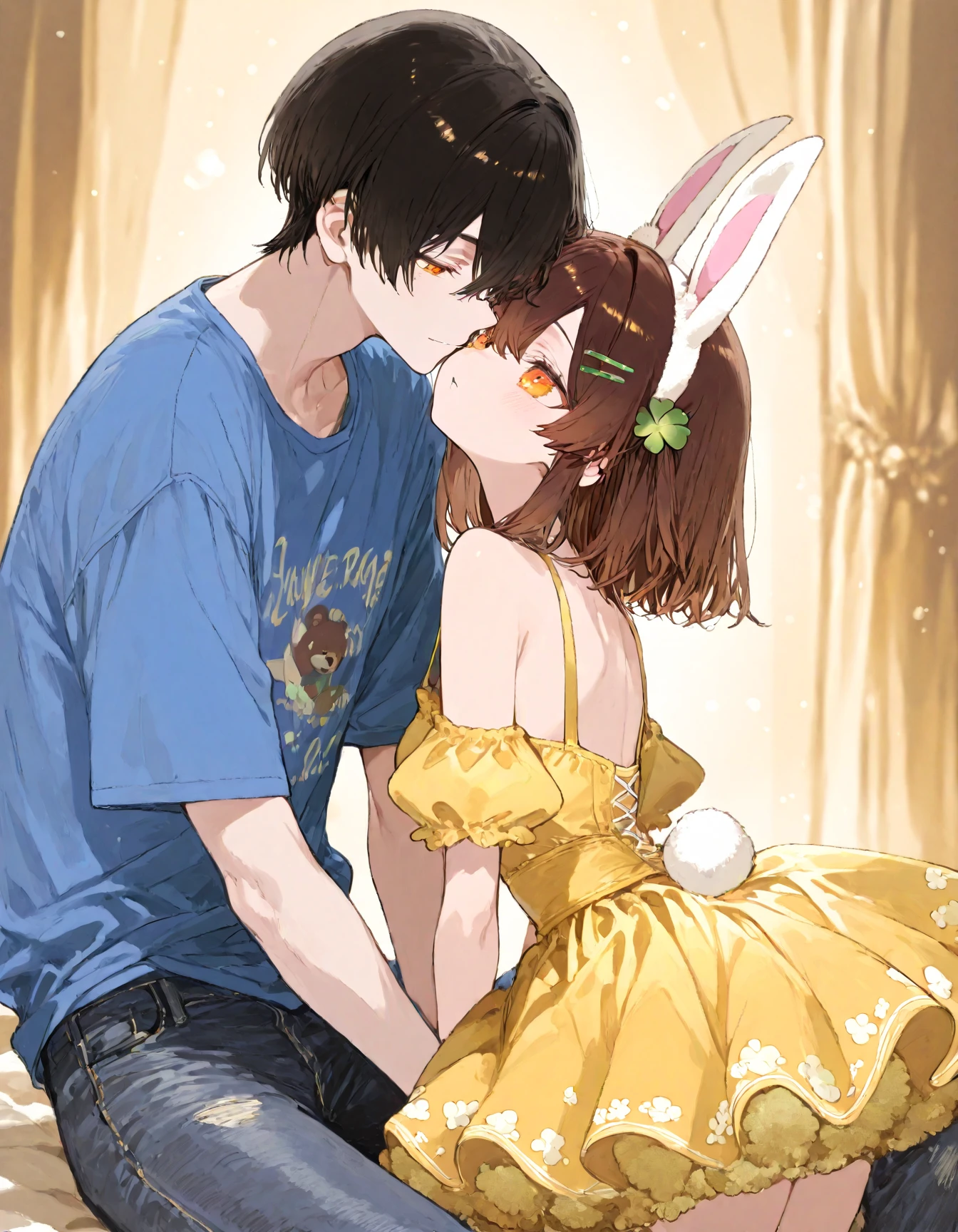 1boy, 1girl, shota, kissing cheek, playboy bunny, puckered lips, lips, closed mouth, closed eyes, masterpiece, best quality, absurdres, girl kissing boy on cheek, dynamic lighting, lighting effect