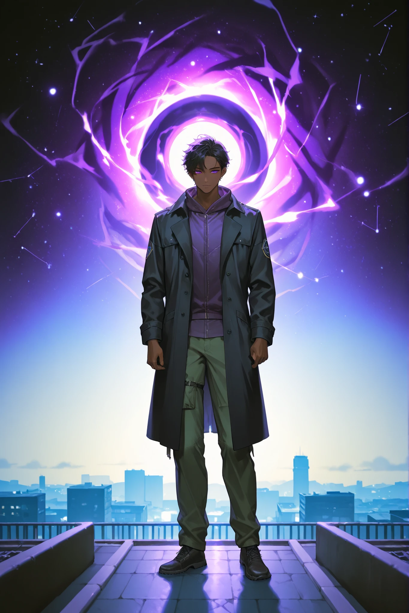 {1men}:(a dark-skinned boy, purple eyes, black hair,with an aura of stars looking like constellations, wearing a black coat and cargo pants, hold a black hole in your right hand, as if it were a power, while the left is in his pocket), (rooftop of a building, soft lighting)