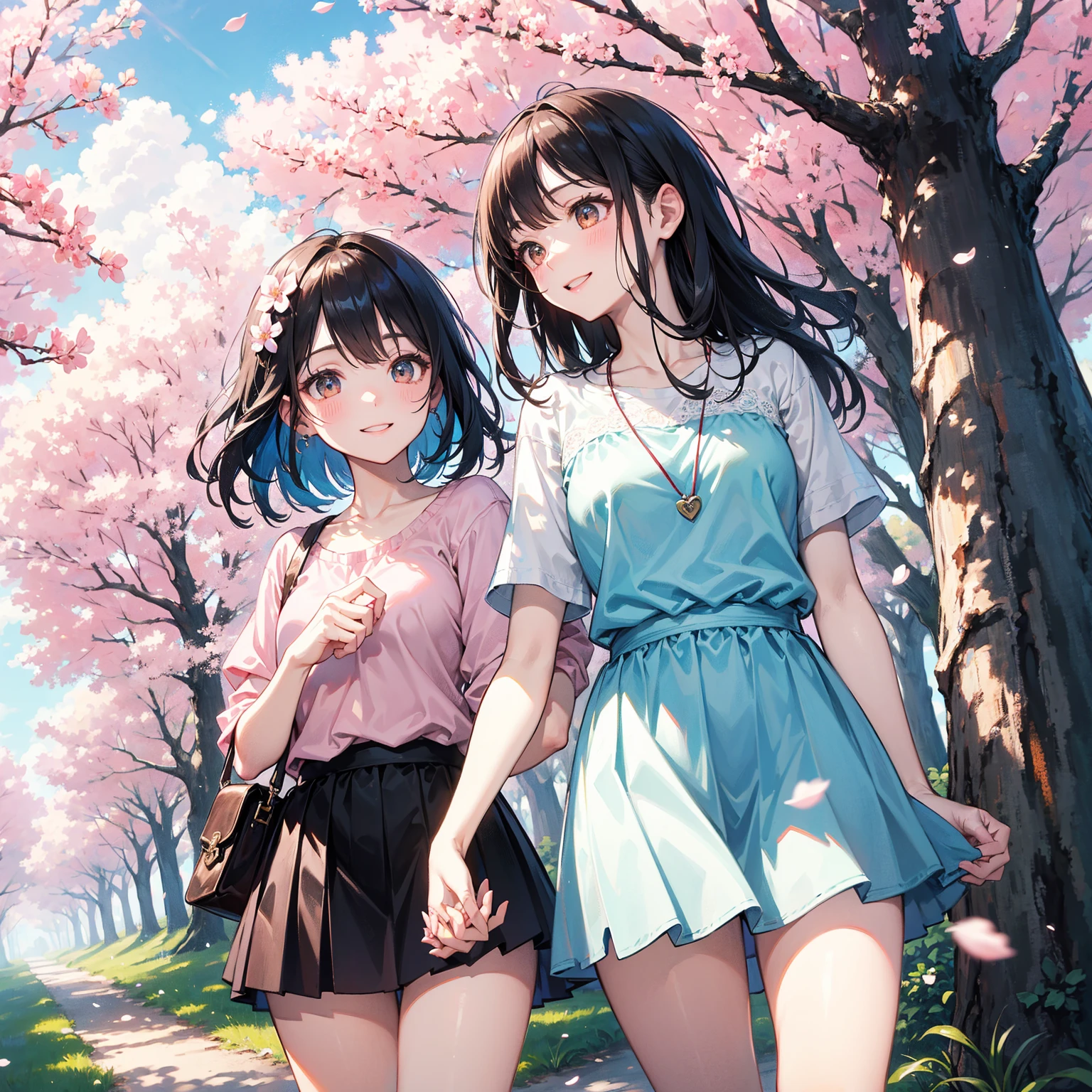little girl, toddler figure, black hair, short hair, plain white thin T, mini skirt, open legs, white pants visible, smile, peace pose, under cherry blossoms