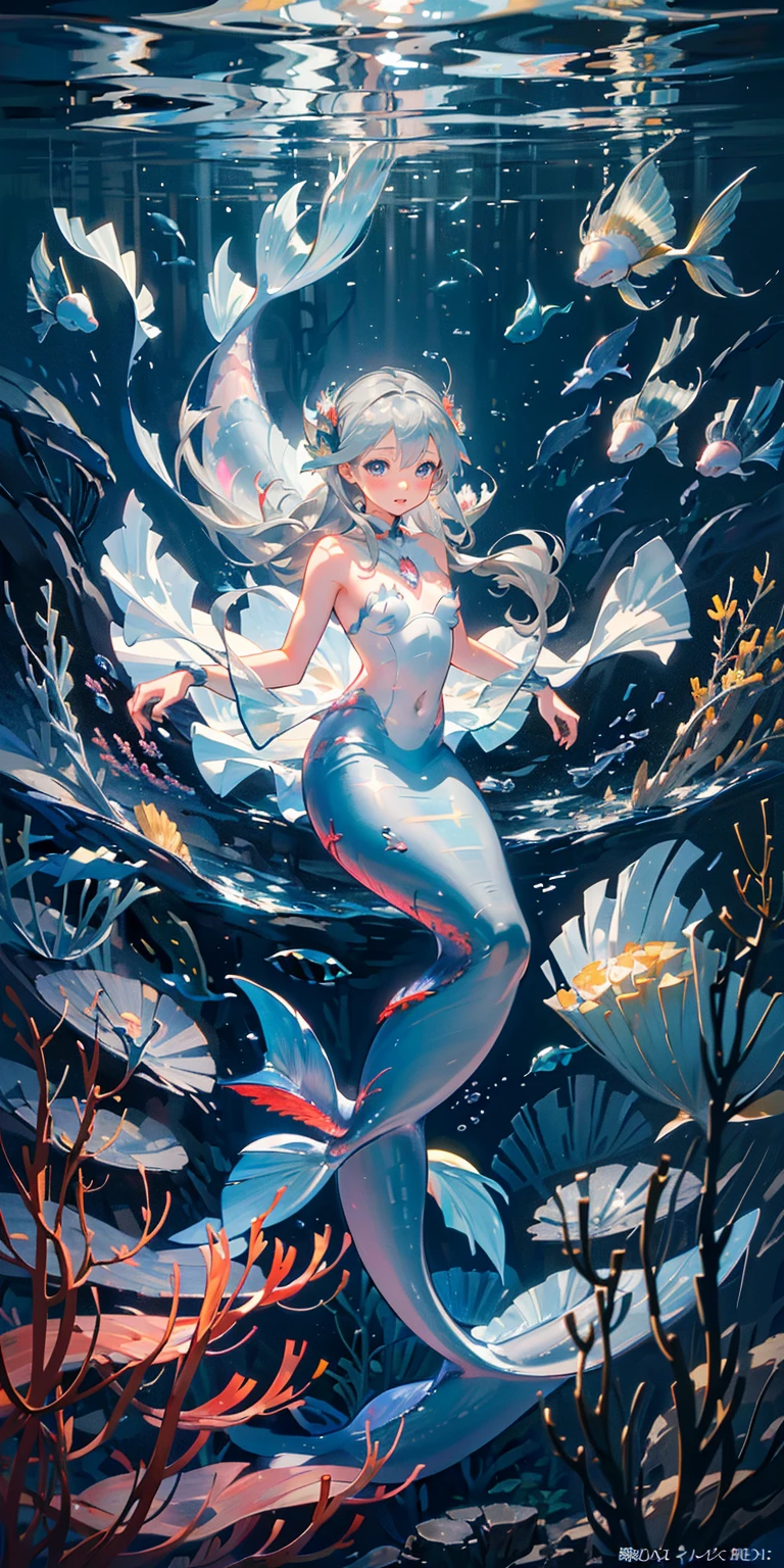 This is a conceptual art depicting marine life, underwater landscape, Various coral reefs, Different shapes, Very three-dimensional, The fish,female pervert,full bodyesbian,anime illustration. long white hair, Drift, Very harmonious,Imaginative painting style. The colors are bright and saturated, And with smooth lines. The mystery and beauty of the ocean, The painting depicts an underwater world full of life and vitality, Animated art wallpaper 4K