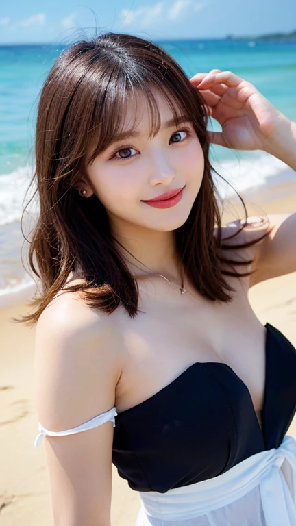 (top-quality、8K、masterpiece:1.2)、illustratio、ultra-detailliert、exquisitedetails、hight resolution、8k wallpaper、Perfect dynamic composition、beatiful detailed eyes、White Bikini、Medium Hair、Chest、Natural color lips、Bold and sexy poses、Smiling smile、the beach、20 years girl、light brown hair、cute-style